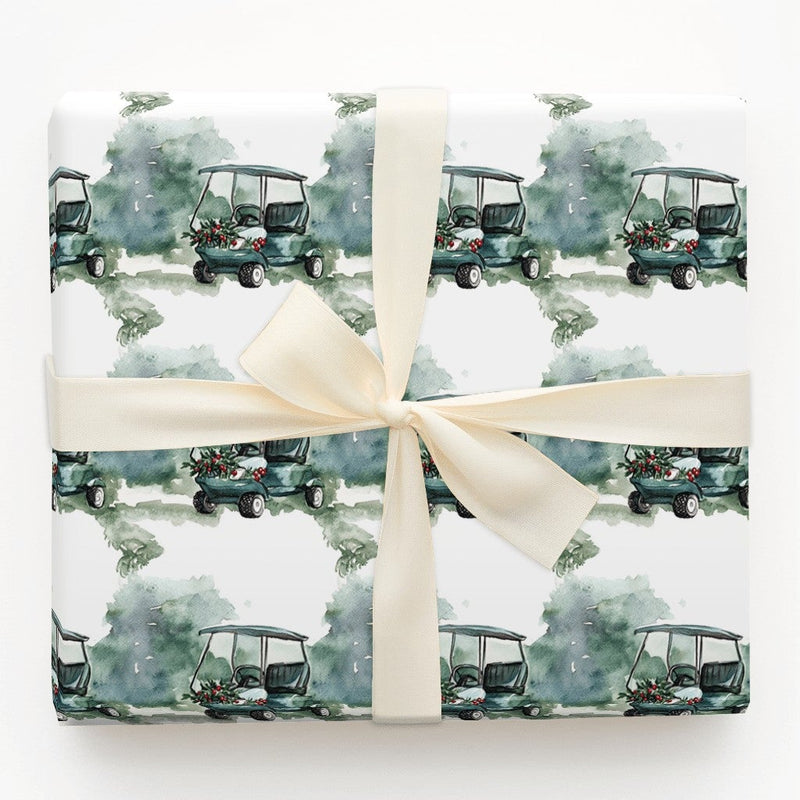 Holiday Wreath Golf Gift Wrap, Christmas Golf Cart Wrapping Paper, Festive Golfer Present Paper, Winter Sports Christmas Wrapping Paper Roll