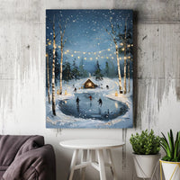 Snowy Landscape with Fairy Lights Wall Decor, Winter Ice Skating Cabin Canvas Art, Festive Christmas Canvas Print, Comfy Winter Decor