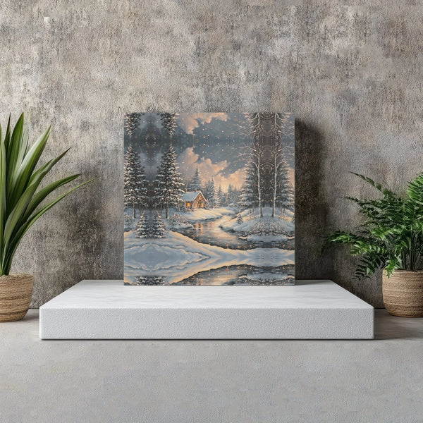 Snowy Forest Cottage Landscape Painting Canvas, Winter Cabin Canvas Wall Art, Comfy Christmas Wall Decor, Holiday Season Canv