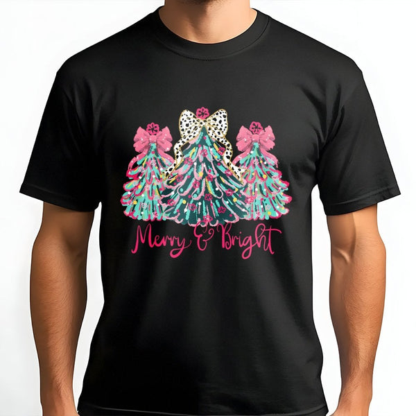 Leopard Print Tree Shirt, Merry and Bright Christmas T-Shirt, Colorful Holiday Graphic Tee, Festive Winter Xmas T-Shirt, Pres