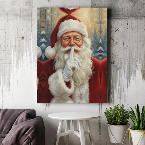 Secret Whimsical Santa Wall Decor, Santa Claus Shushing Canvas Art, Vintage Christmas Portrait, Holiday Canvas Wall Art