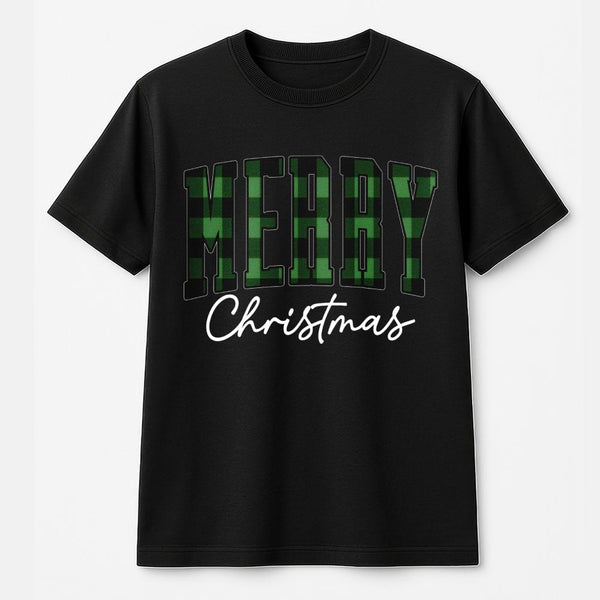 Buffalo Plaid Varsity T-Shirt, Green Plaid Merry Christmas T-Shirt, Festive Holiday Graphic T-Shirt, Xmas Family Matching Tee