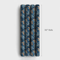 Watercolor Winter Gift Wrap, Leaping Reindeer Christmas Wrapping Paper, String Lights Holiday Wrapping Paper, Dark Blue Reindeer Present Paper