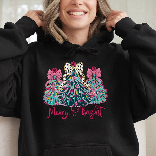 Coquette Bow Christmas Tree Hooded Sweatshirt, Merry and Bright Hoodie, Preppy Holiday Graphic Pullover, Adorable Girly Winte