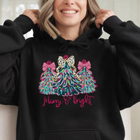 Coquette Bow Christmas Tree Hooded Sweatshirt, Merry and Bright Hoodie, Preppy Holiday Graphic Pullover, Adorable Girly Winter Aesthetic Jumper
