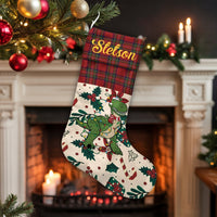 Adorable T-Rex Holiday Stocking, Personalized Dinosaur Christmas Stocking, Plaid Cuff Custom Kids Christmas Stocking, Festive Fireplace Decor