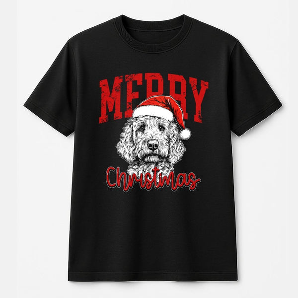 Santa Hat Dog Graphic Tee, Labradoodle Christmas T-Shirt, Adorable Doodle Dog Christmas Shirt, Holiday Pet Lover T-Shirt, Xma