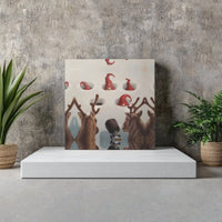 Whimsical Holiday Painting, Christmas Gnomes and Reindeer Square Canvas, Winter Stretched Canvas Print, Adorable Festive Wall Art Decor Present