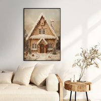 Vintage Christmas Holiday Poster, Gingerbread House Wall Art, Watercolor Winter Village Art Print, Comfy Xmas Home Decor Present