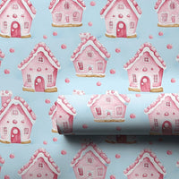 Pastel Christmas Wrapping Paper, Pink Gingerbread House Wrapping Paper, Watercolor Holiday Gift Wrap, Adorable Winter Present Wrapping Paper