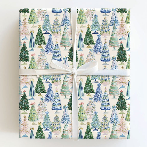Watercolor Blue White Holiday Gift Wrap, Chinoiserie Christmas Tree Wrapping Paper, Elegant Festive Tree Wrapping Paper, Xmas