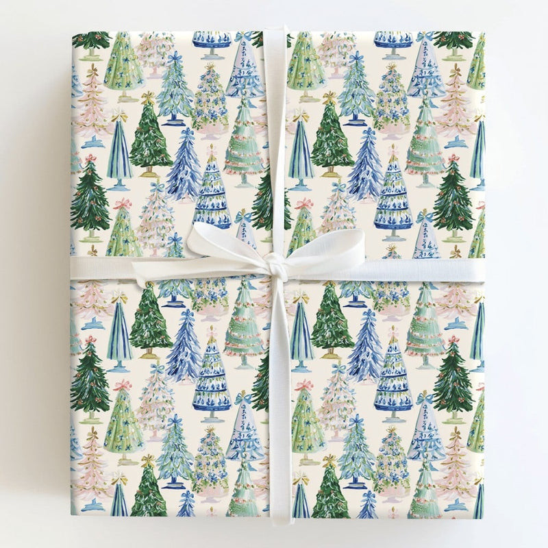Watercolor Blue White Holiday Gift Wrap, Chinoiserie Christmas Tree Wrapping Paper, Elegant Festive Tree Wrapping Paper, Xmas Gift Wrap