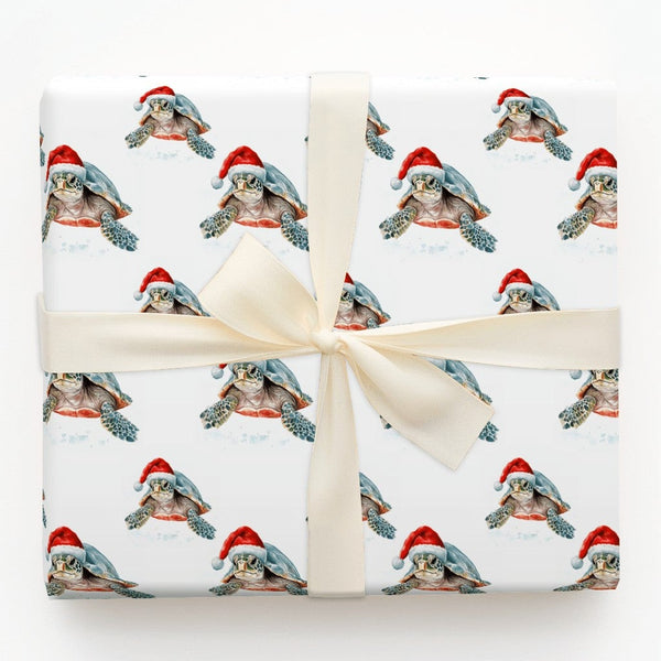 Santa Hat Ocean Gift Wrap, Sea Turtle Christmas Wrapping Paper, Watercolor Marine Animal Present Paper, Coastal Holiday Gift 