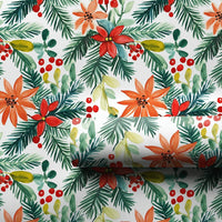 Christmas Holly Gift Wrap, Watercolor Poinsettia Wrapping Paper, Botanical Pine Wrapping Paper Roll, Festive Holiday Present Wrap Paper