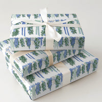 Blue Bows Christmas Gift Wrap, Watercolor Pine Garland Wrapping Paper, 90 GSM Fine Art Paper, Holiday Present Wrapping Paper Roll
