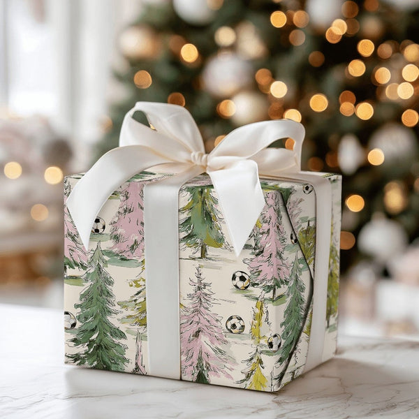 Sports Watercolor Holiday Gift Wrap, Soccer Christmas Tree Wrapping Paper, Soccer Player Christmas Gift Wrapping Paper, Winte