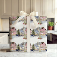 Snowy Town Holiday Gift Wrap, Watercolor European Christmas Village Wrapping Paper, Festive Winter Present Wrap, Christmas Tree Paper Roll