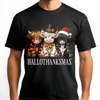 Hallothanksmas Shirt, Highland Cow Christmas T-Shirt, Adorable Holiday Graphic Tee, Farmhouse Country Animal T-Shirt, Western Xmas Present