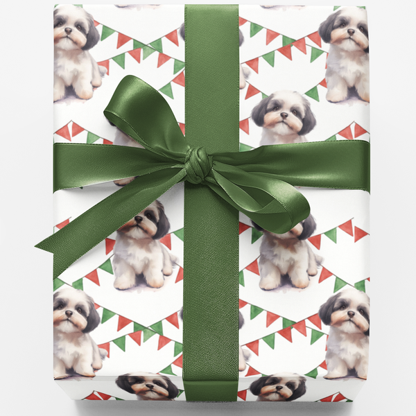Puppy Pennant Gift Wrap, Shih Tzu Christmas Wrapping Paper, Shih Tzu Holiday Present Paper, Dog Lover Xmas Wrapping Paper, Ho