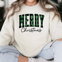 Green Buffalo Plaid Lettering Crewneck, Merry Christmas Sweatshirt, Comfy Winter Holiday Sweater, Christmas Vibes Pullover