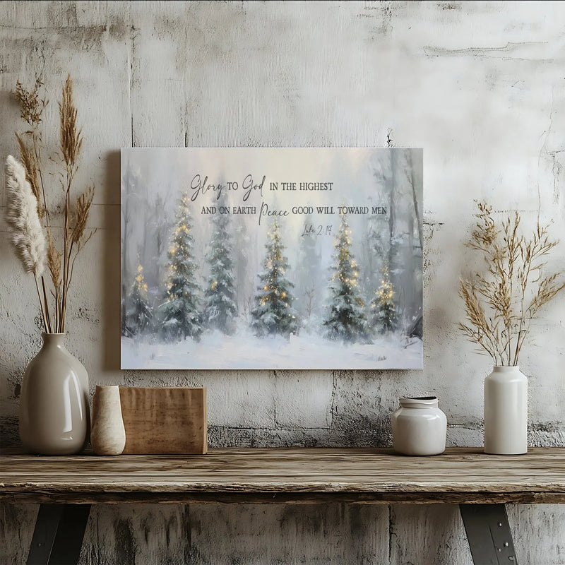 Glory to God Canvas Print, Luke 2 14 Christmas Canvas Wall Art, Religious Winter Forest Canvas Decor, Scripture Holiday Bible Verse Art Present