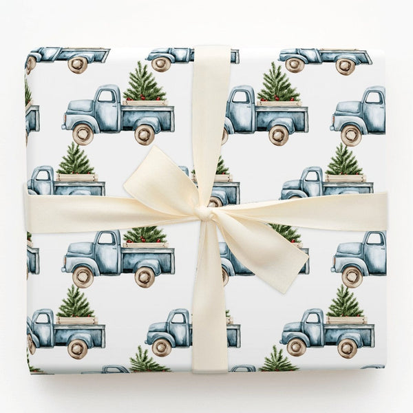 Farmhouse Christmas Truck Gift Wrap, Vintage Blue Truck Wrapping Paper, Rustic Tree Truck Wrapping Paper, Country Holiday Pre