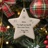 Ceramic Star Ornament for Mom, Floral Line Art Mom Star Ornament, Meaningful Christmas Present from Son, Mother Holiday Tree Star Ornament