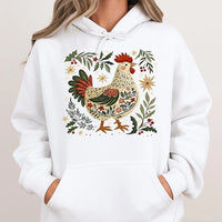 Folk Art Farm Animal Holiday Sweatshirt, Christmas Chicken Hoodie, Farmhouse Hen Winter Pullover, Country Rooster Xmas Lover Hoodie