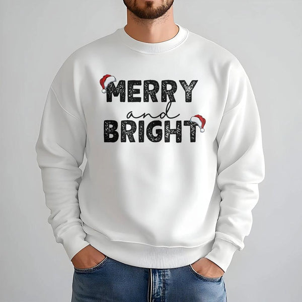 Santa Hat Xmas Sweatshirt, Merry and Bright Christmas Sweatshirt, Adorable Holiday Graphic Crewneck, Retro Christmas Sweatshi