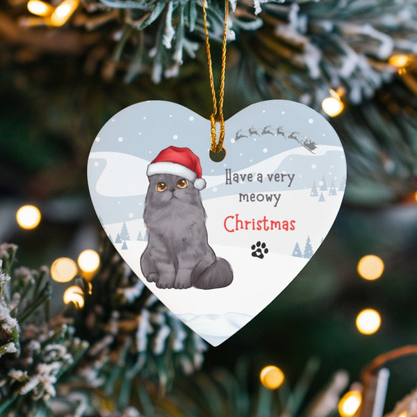Ceramic Cat Lover Christmas Ornament, Meowy Christmas Gray Cat Heart Ornament, Adorable Pet Holiday Heart Ornament, Kitten Xm