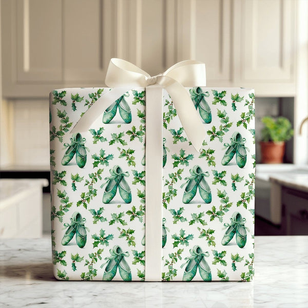 Watercolor Dance Gift Wrap, Ballet Shoe Wrapping Paper, Holly Ballet Wrapping Paper, Christmas Dancer Wrapping Paper, Holiday