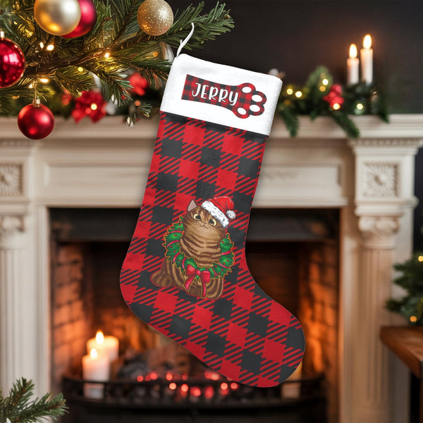 Red Buffalo Plaid Holiday Stocking, Cat Christmas Stocking, Personalized Kitten Christmas Stocking, Pet Holiday Stocking, Cat