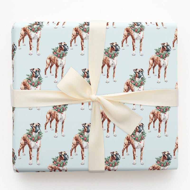 Holiday Wreath Pet Gift Wrap, Boxer Dog Christmas Wrapping Paper, Boxer Puppy Festive Wrapping Paper, Adorable Dog Lover Present Wrap Roll
