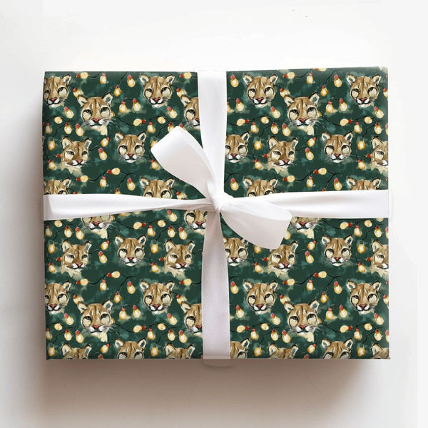 Mountain Lion Holiday Gift Wrap, Cougar Christmas Lights Wrapping Paper, Festive Cougar Paper Roll, Wildlife Animal Christmas