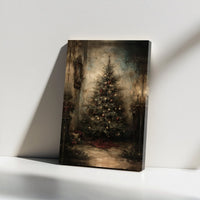 Moody Oil Painting Holiday Print, Vintage Christmas Tree Canvas Wall Art, Traditional Rustic Christmas Wall Decor, Holiday Home Present