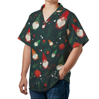 Festive Holiday Gnomes Button Up Shirt, Christmas Gnome Hawaiian Shirt, Ugly Xmas Party Summer Shirt, Tropical Winter Vacation Shirt