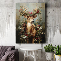 Vintage Christmas Deer Canvas Print, Deer with Holly Berries Canvas Wall Art, Woodland Deer Wall Art, Digital Download Rustic Deer Poster