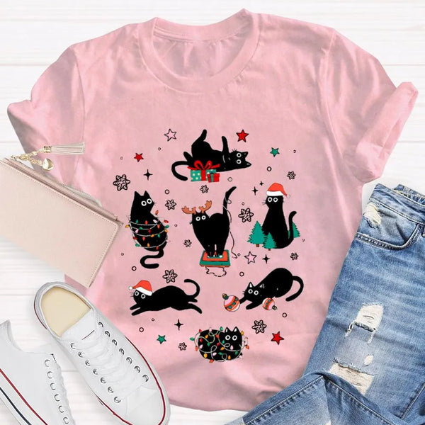 Holiday Cat Snowflakes T-Shirt, Black Cats Christmas Shirt, Adorable Xmas Lights Graphic Tee, Festive Kitty Lover Shirt, Wint