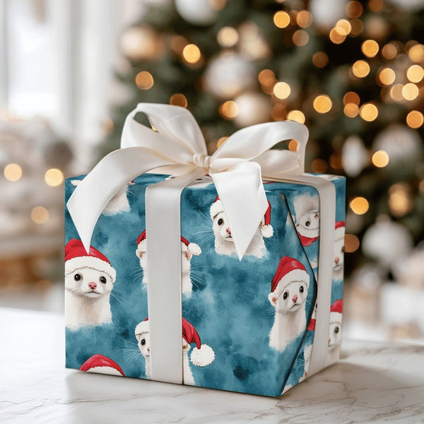 Adorable Santa Hat Pet Gift Wrap, Ferret Christmas Wrapping Paper, White Ferret Animal Wrapping Paper, Winter Holiday Aesthet
