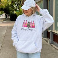 Pink Leopard Tree Hoodie, Merry Christmas Tree Hoodie, Trendy Preppy Holiday Pullover, Comfy Christmas Tree Hooded Sweatshirt, Xmas Present