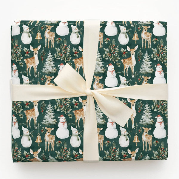 Vintage Christmas Gift Wrap, Woodland Deer Snowman Wrapping Paper, Forest Green Holiday Wrapping Paper, Rustic Winter Gift Wr