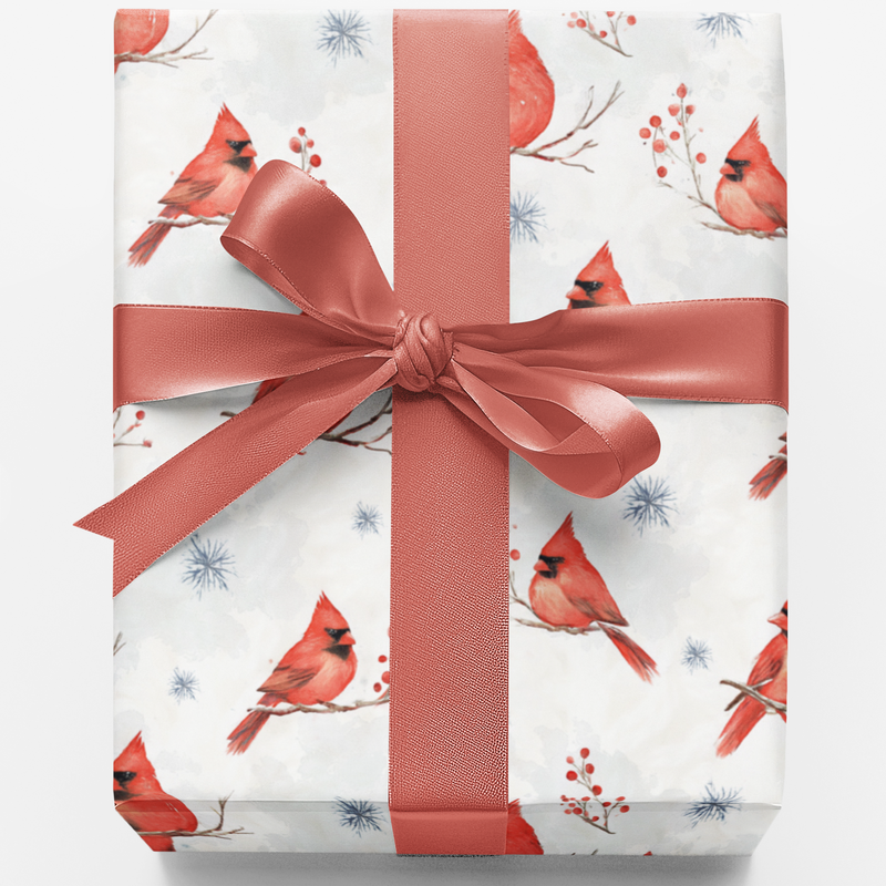 Watercolor Red Bird Gift Wrap, Winter Cardinal Wrapping Paper, Christmas Cardinal Holiday Wrapping Paper, Festive Winter Present Paper Roll