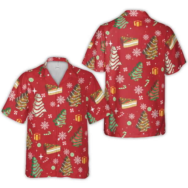 Festive Holiday Snack Shirt, Christmas Tree Cake Hawaiian Shirt, Ugly Christmas Party Aloha Shirt, Retro Winter Holiday Butto