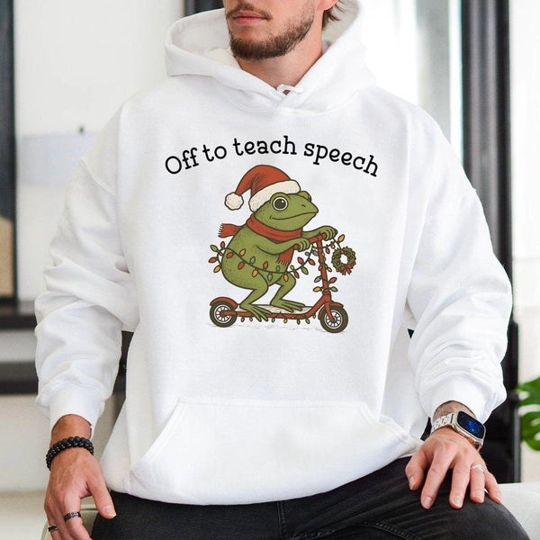 Humorous Frog on Scooter Hoodie, Speech Therapist Christmas Hoodie, Adorable SLP Holiday Sweatshirt, Speech Language Patholog