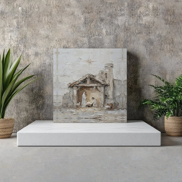 Palette Knife Christmas Canvas Art, Nativity Scene Square Canvas, Holy Family Stretched Canvas Print, Religious Holiday Wall 