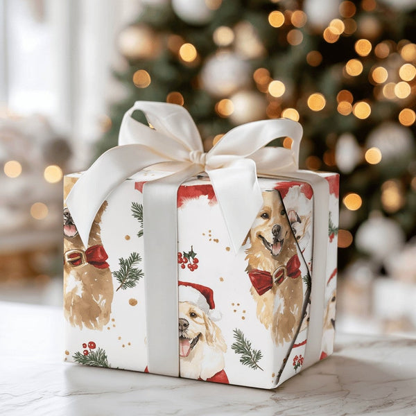 Holiday Dog Wrapping Paper, Golden Retriever Christmas Wrapping Paper, Festive Watercolor Canine Gift Wrapping Paper, Xmas Pe