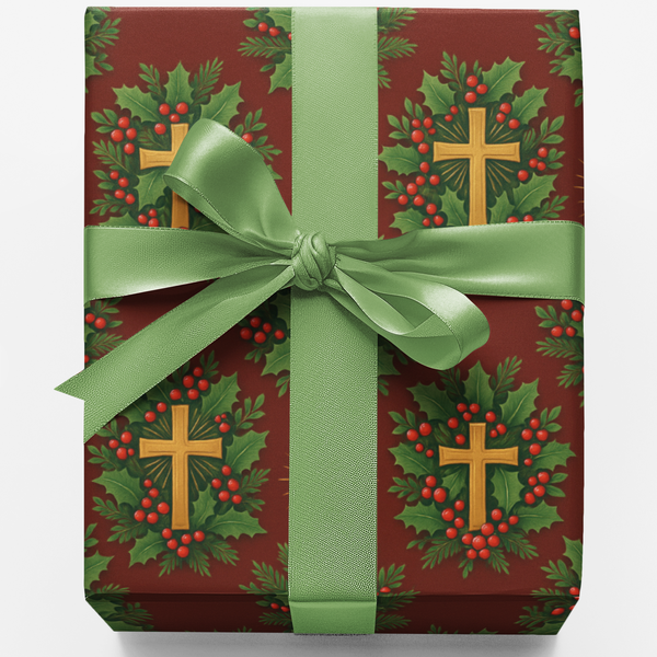 Holly Berry Christmas Gift Wrap, Gold Cross Wrapping Paper, Religious Christmas Wrapping Paper, Christian Holiday Gift Wrap P