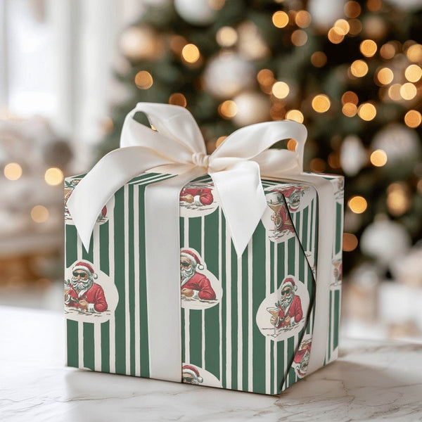 Humorous Sunglasses Santa Gift Wrap, Cocktail Santa Wrapping Paper, Striped Christmas Present Paper, Cool Holiday Wrapping Pa