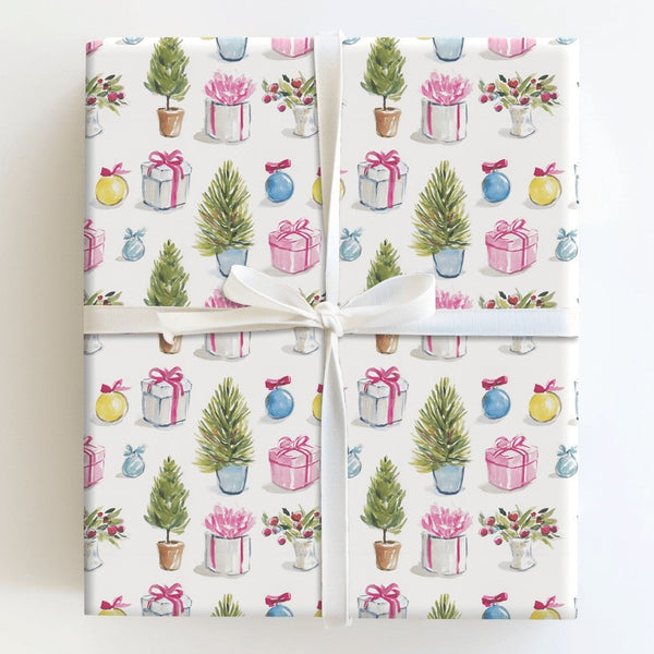 Potted Evergreen Holiday Gift Wrap, Watercolor Christmas Tree Wrapping Paper, Holly Present Paper, Retro Pastel Holiday Wrapp