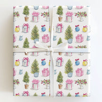 Potted Evergreen Holiday Gift Wrap, Watercolor Christmas Tree Wrapping Paper, Holly Present Paper, Retro Pastel Holiday Wrapping Paper Roll